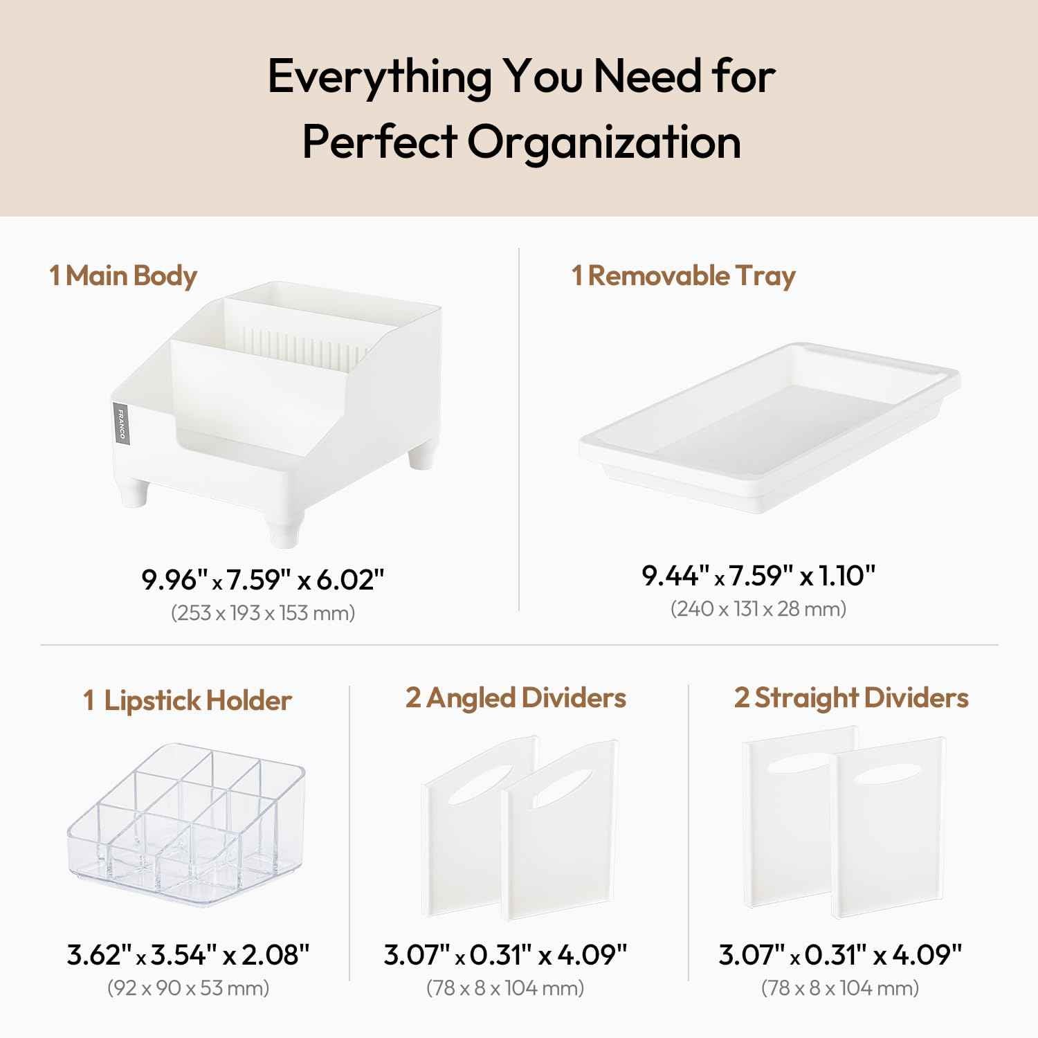 carrotez Make up Vanity Organizer Countertop Skincare Cosmetic, Accessories Organizers Customizable Compartments - White