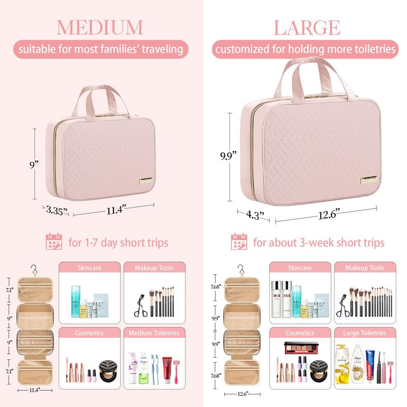 HOTOR Hanging Toiletry Bag - Waterproof Travel Makeup Organizer, Medium Pale Pink