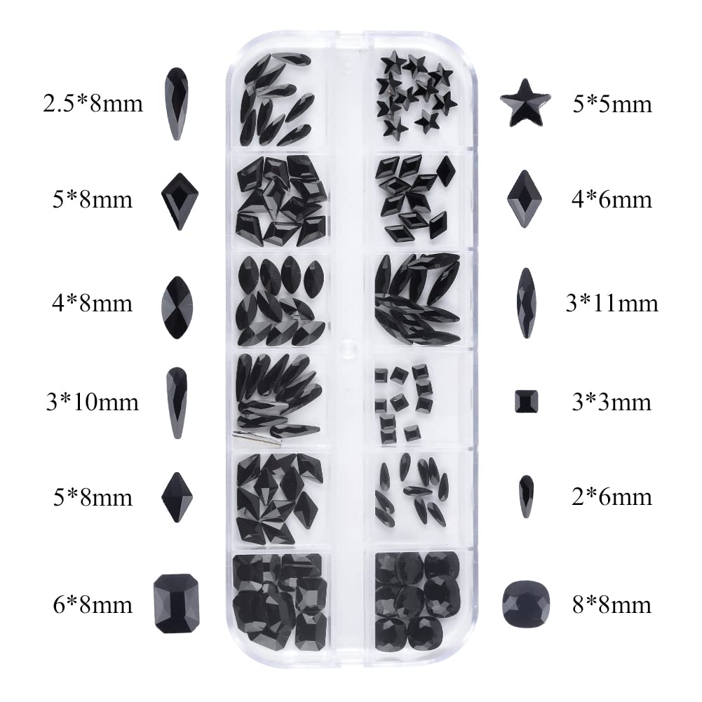 Katfan 1560PCS Flatback Crystal Black Rhinestones Round Gems Diamonds Stones Multi Shapes Rhinestone Jewels for Nail Art Crafts Decorations Clothes Shoes with Tweezers (Black)