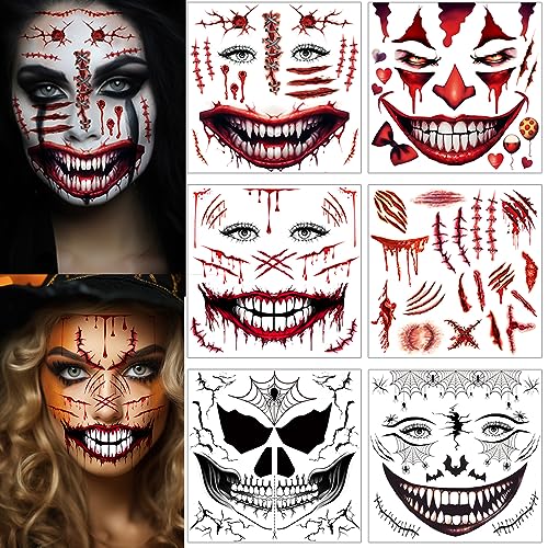 Halloween Temporary Tattoos - 6 Sheets Scary Face & Zombie Scars