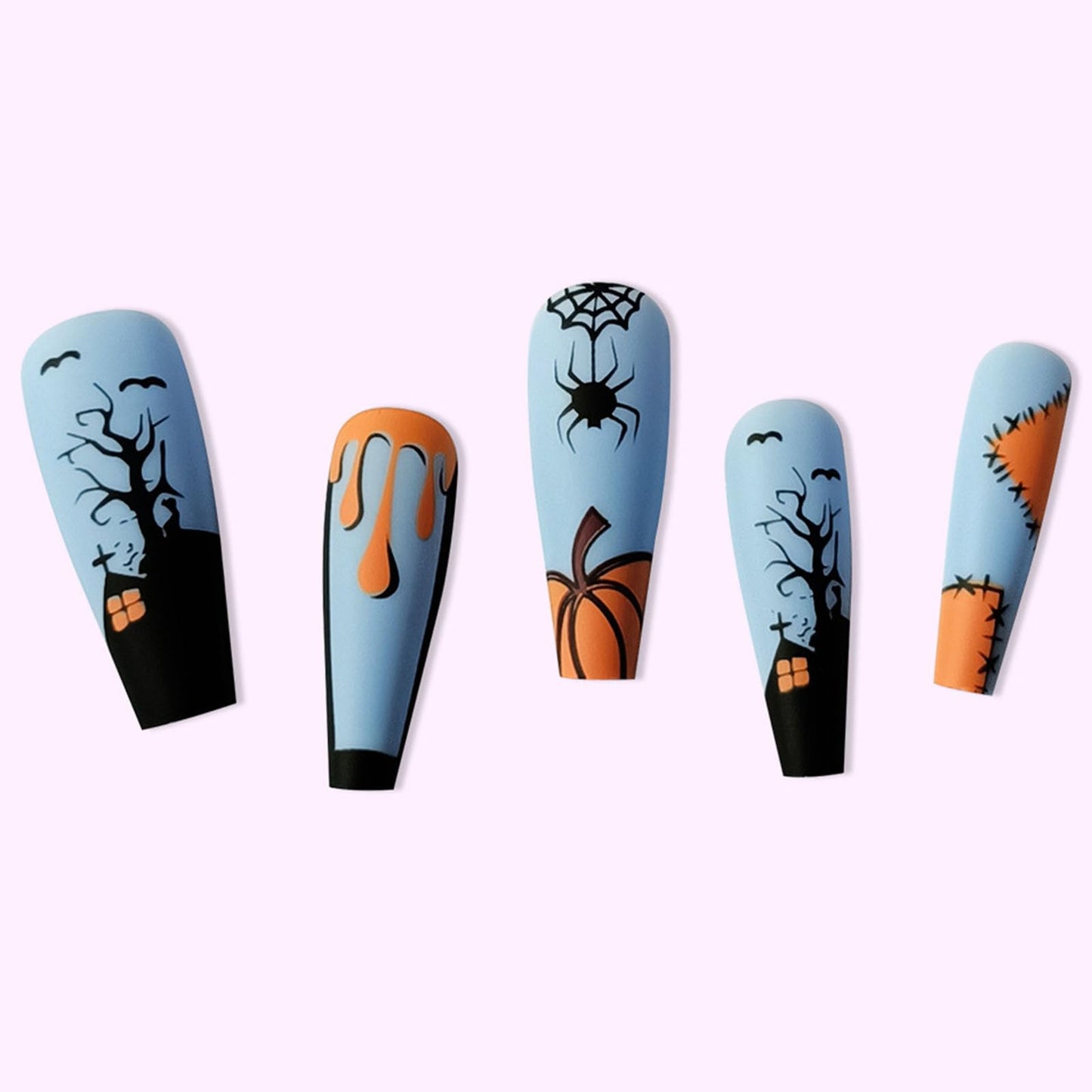 Halloween Press on Nails Long Coffin Fake Nails Matte Glue on Nails Blue Acrylic Nails with Spider Pumpkin Bat Designs Spider Web False Nails Halloween Stick on Nails for Women 24Pcs