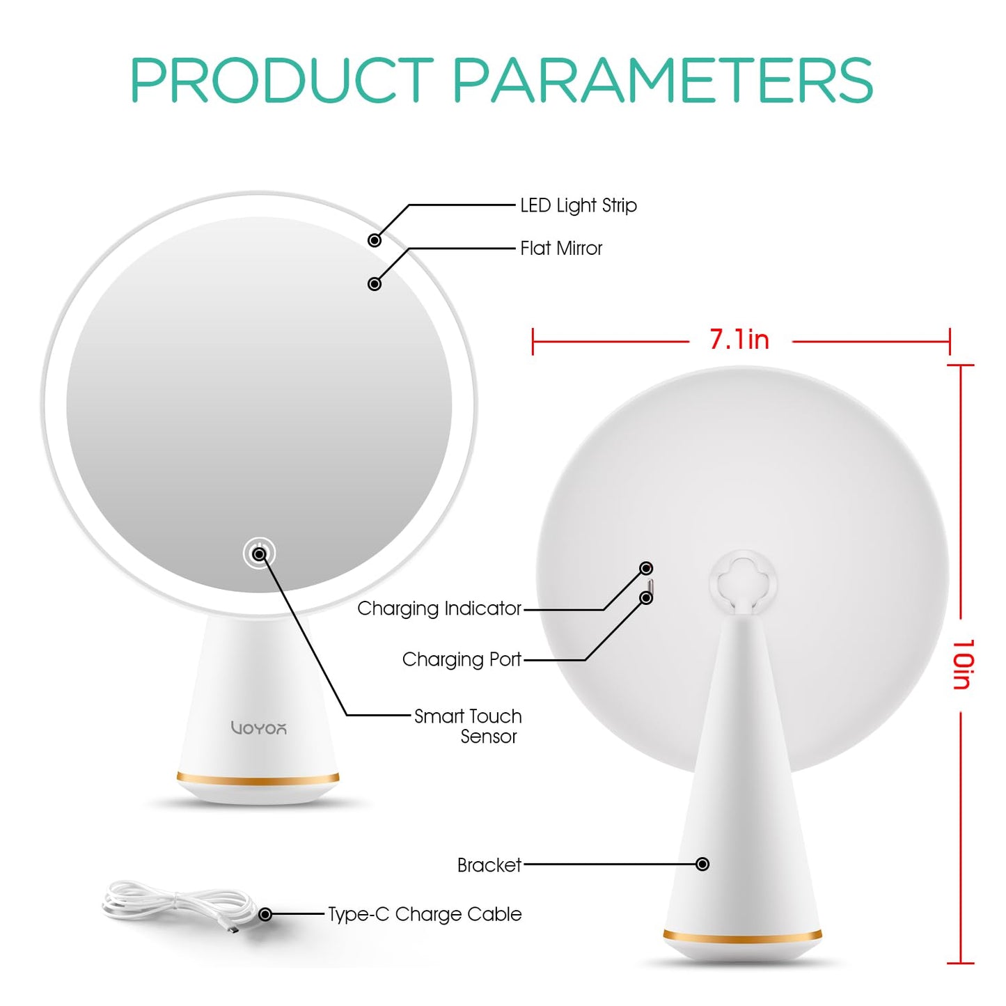 VOYOR Makeup Mirror Rechargeable Travel Vanity Mirror with Lights Removable Desk Mirror Adjustable Angle Light up Makeup Mirror 3 Levels of Adjustable Brightness Led Mirror Makeup CM110