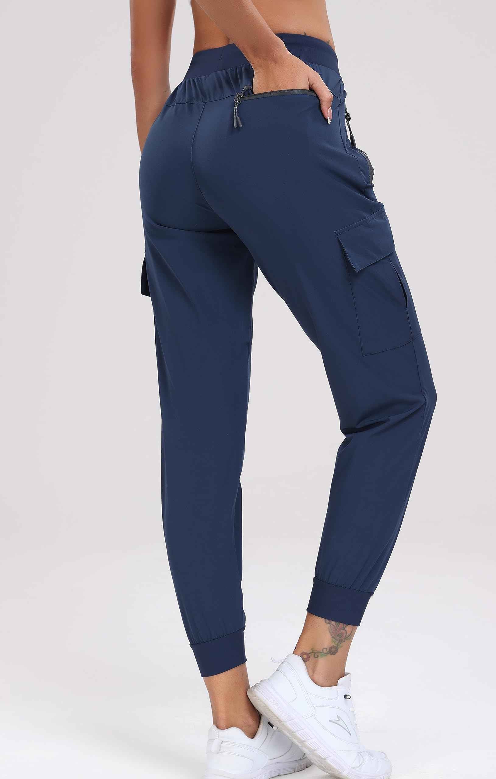 Oalka Women's Cargo Hiking Pants Lightweight Travel Pockets Joggers Quick Dry Navy Blue 2XL