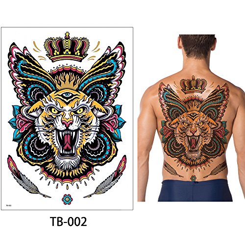 Glaryyears Super Big Full Back Covered Temporary Tattoos, 3 Pack Large Fake Realistic Tattoo Stickers for Adults Men Women, Scary Fierce Tiger Snake Serpent Design