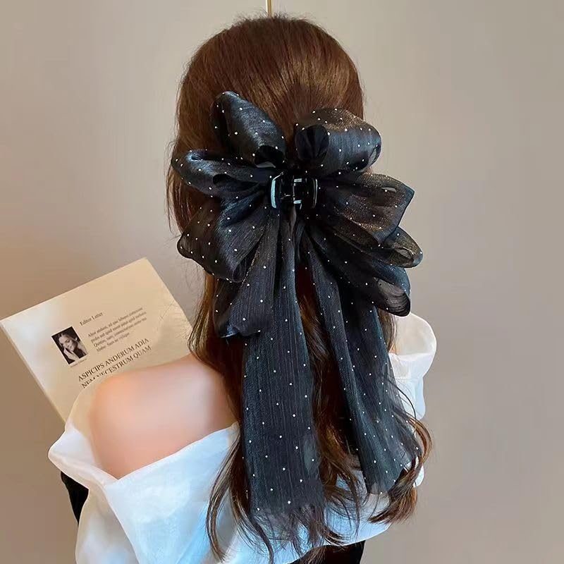 PLwelth Bow Claw Clip Flower Hair Ribbon Claw Black Large Hair Bow Claw for Women Teen Girls Non Slip Hair Accessory for Curly Thin Thick Hair Long Tail Bow Hair Claw for Party Decoration