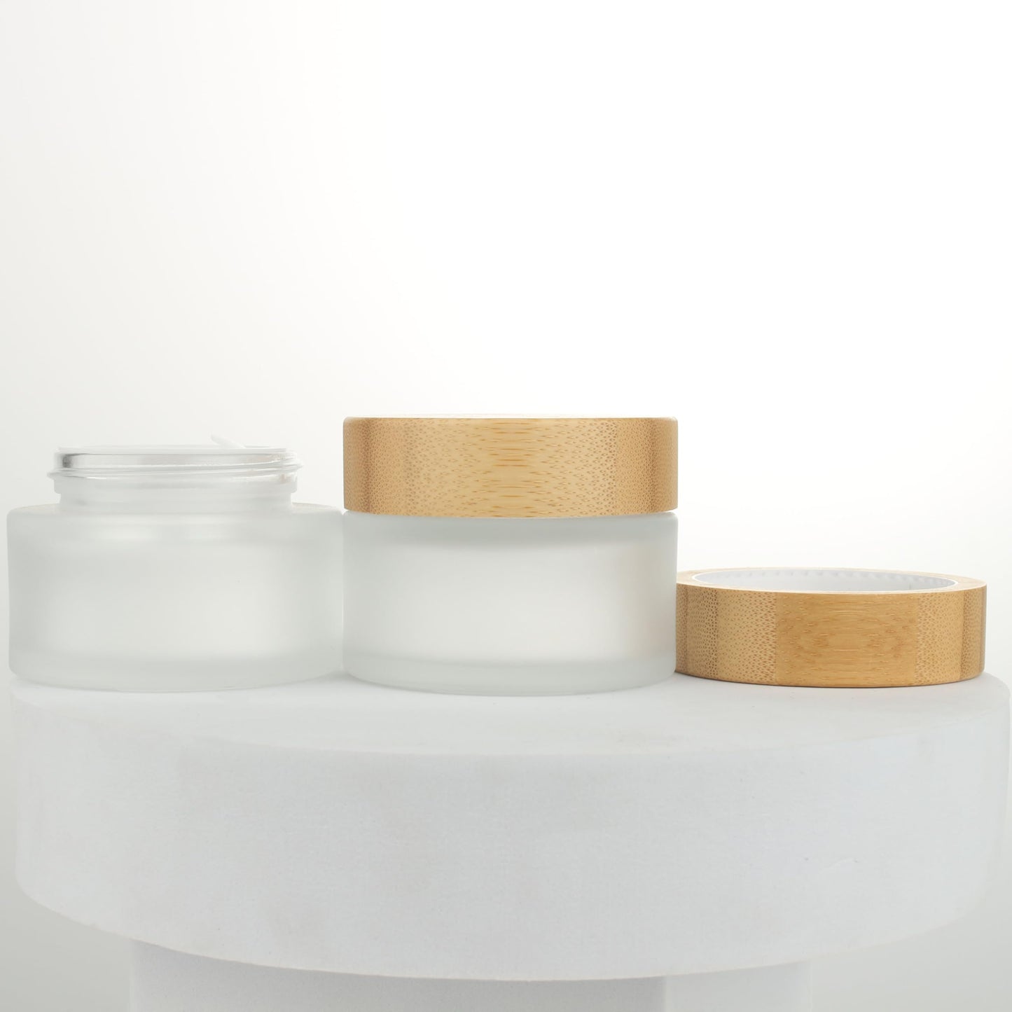 COSIDEA 6pcs Empty 1.7 OZ/50g Round Frosted Glass Jars with Bamboo lids, Bamboo Cream Jar Refillable Cosmetic Travel Containers for Lip Balm, Ointments, Lotion Packing