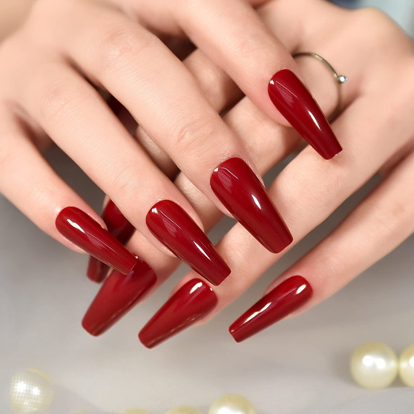 Elevenail Glossy Red Press on Nails Long Coffin False Nails Faux Ongles Reusable Solid Color Nail Art Tips Salon DIY Manicure Acrylic Fake Nails Gifts for Women Girls