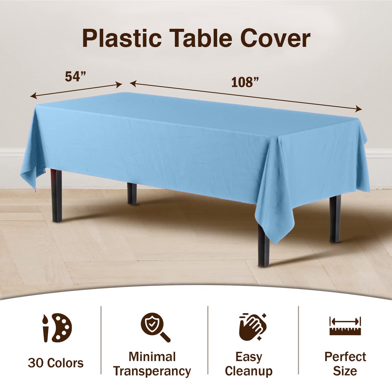 Exquisite 12-Pack Premium Plastic Tablecloth 54in. x 108in. Rectangle Table Cover - Light Blue