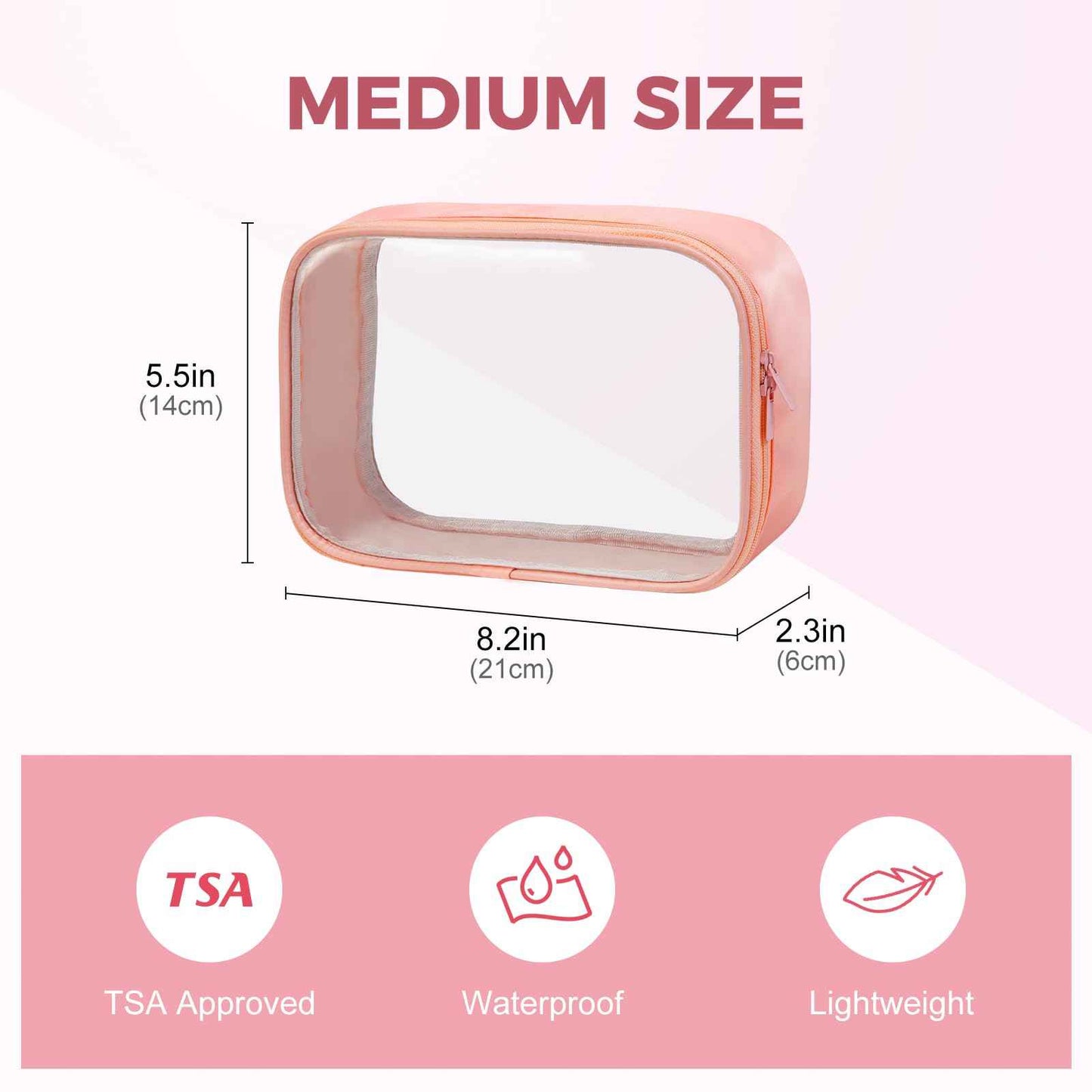 Moyad TSA Approved Clear Toiletry Bag, 1 Pack Quart Size 3-1-1 Liquids Pouch for Travel, Transparent Makeup & Cosmetic Organizer for Women Men, Peach Pink