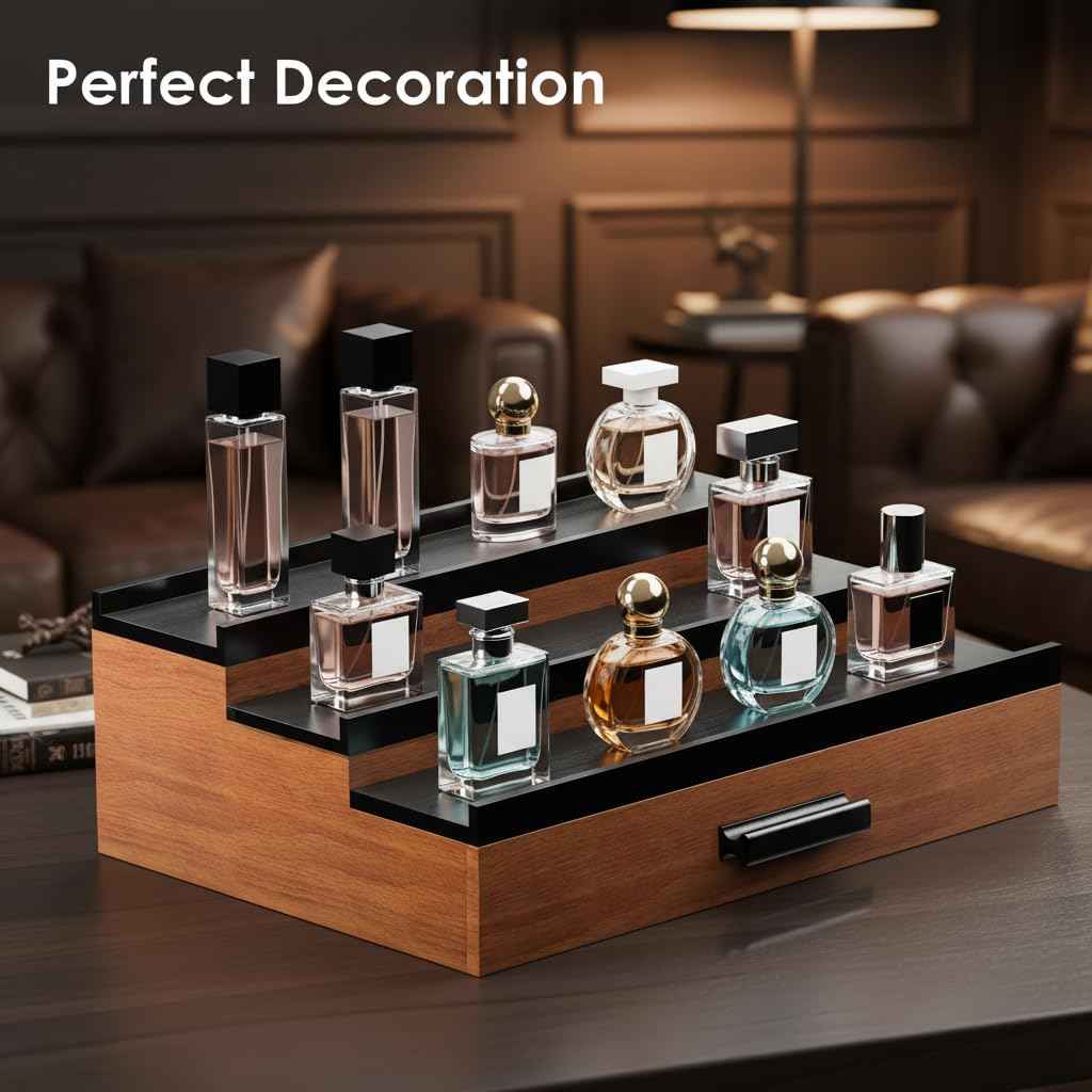 Cologne Organizer for Men – Black Wood Cologne Stand with Drawer & Storage, 3 Tier Perfume Display Holder for Bedroom, Office, Bathroom – Ideal Gift for Men, Father, Husband