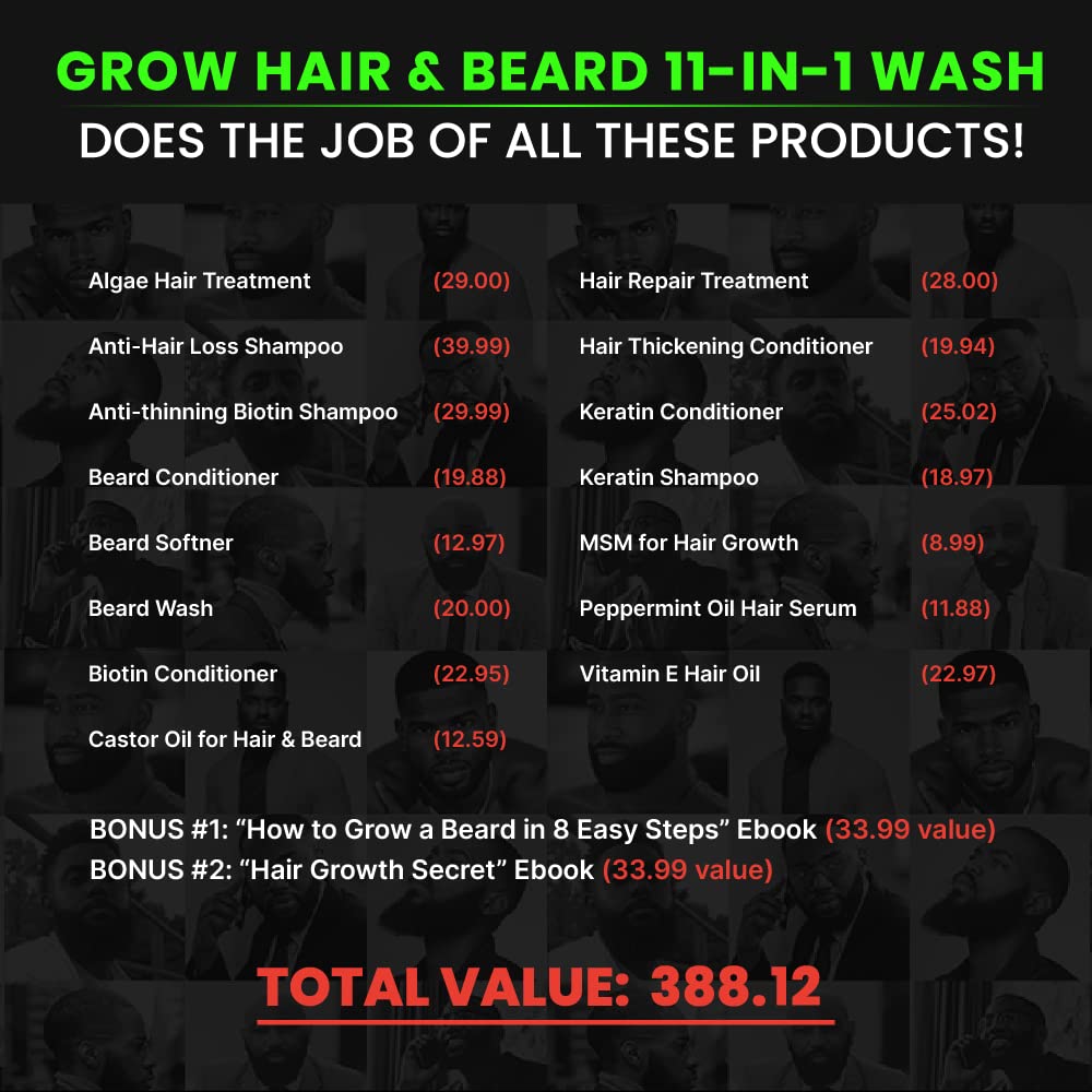 GROW Hair & Beard 11-in-1 Wash: Shampoo, Conditioner Softener, Biotin, Castor Oil, Peppermint Essential Oil, Vitamin E, MSM, Keratin, Algae, LCLT - Supports Healthy Growth - Vegan - BBS USA Product