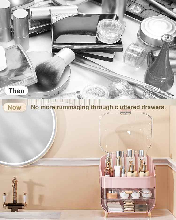 Makeup Organizer Countertop, Skincare Holder Bathroom Counter Organizer, Storage Box Cosmetic Display Cases, Teen Girl Gifts Make up Organizers for Vanity, Dresser (Pink)