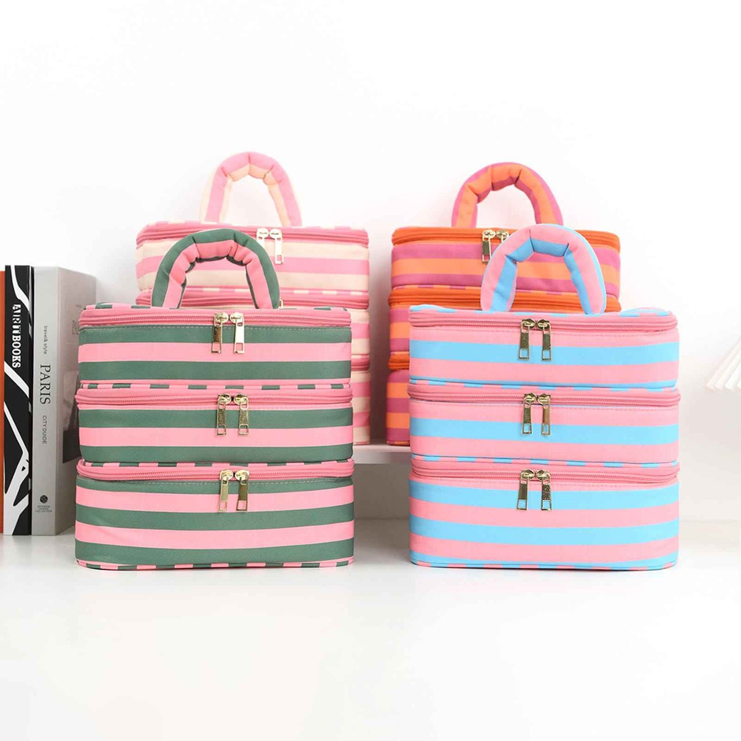 Apxouans Three Layer Makeup Bag for Women Fashion Stripes Cosmetic Bag Preppy Style Travel Water-Resistant Toiletry Bag for Storage Toiletries Cosmetics Sets for Women Teen Girls Purple