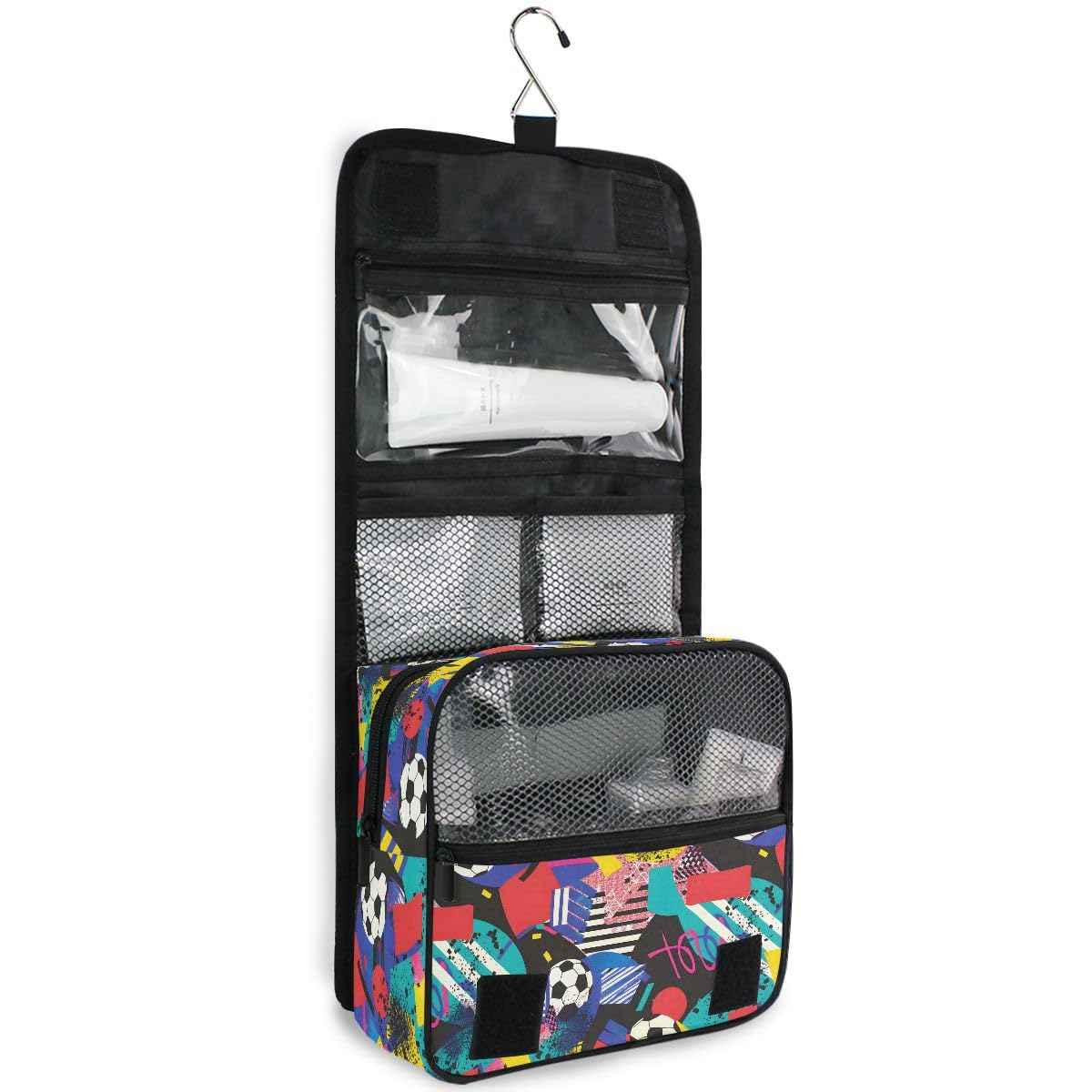 Hanging Travel Toiletry Bag Kit Boys Makeup Case Cosmetics Organizer for Men Women (Inspired Soccer Bright Colors)