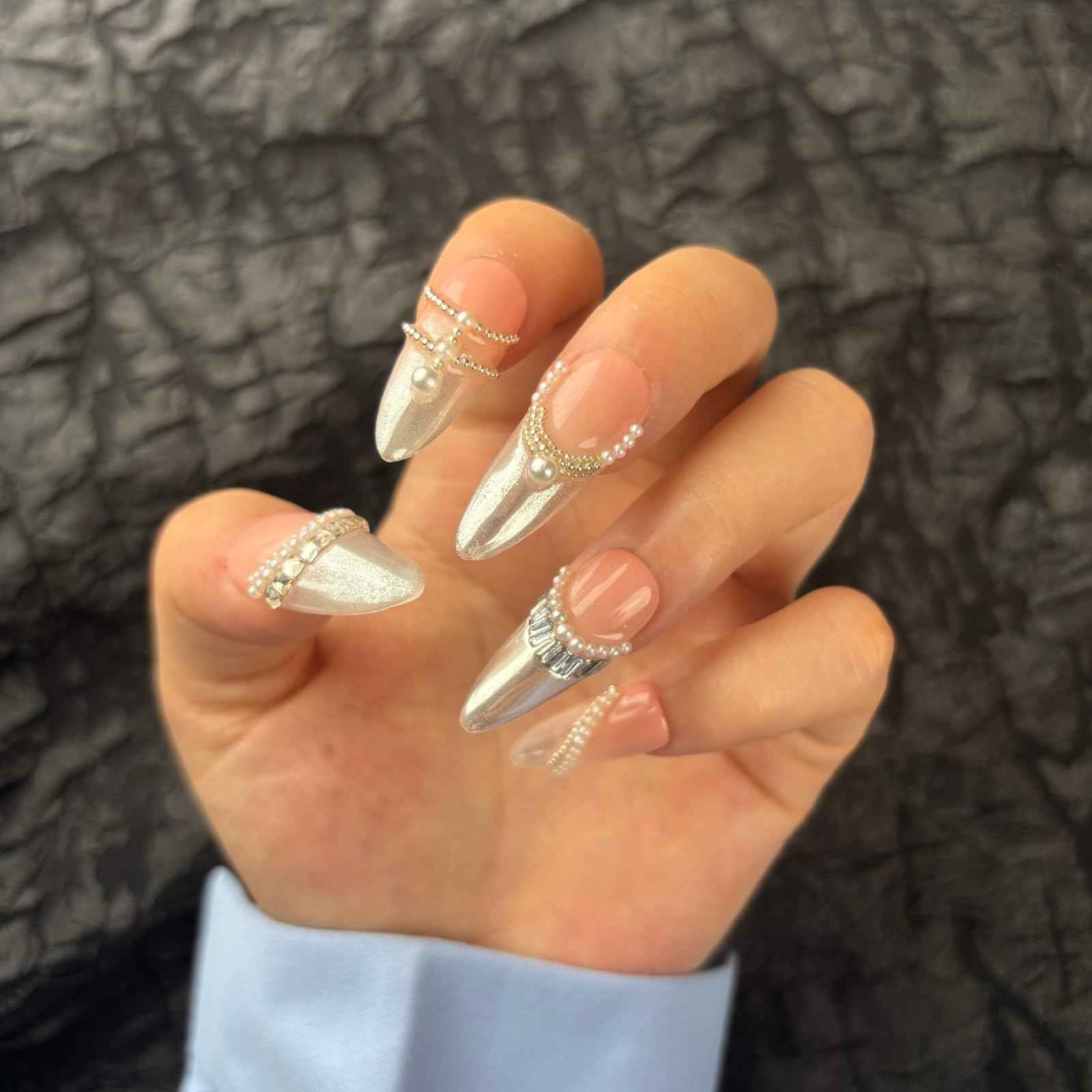 AKA Unicorn Trendy Handmade Press On French Nails Medium Almond Shape,10Pcs Thick Acrylic Fake Nails with 3D Pearl Cute Design Clip On Nail for Woman Gift (Design concept:French Tenderness)