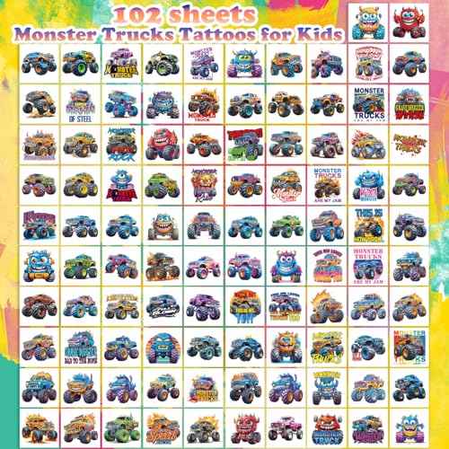 102 PCS Individually Wrapped Monster Trucks Temporary Tattoo for kids - Monster Truck Temporary for Girls Boy Body Arm Shoulder Cute Tattoos Stickers, Birthday Party Supplies Gifts for Kids