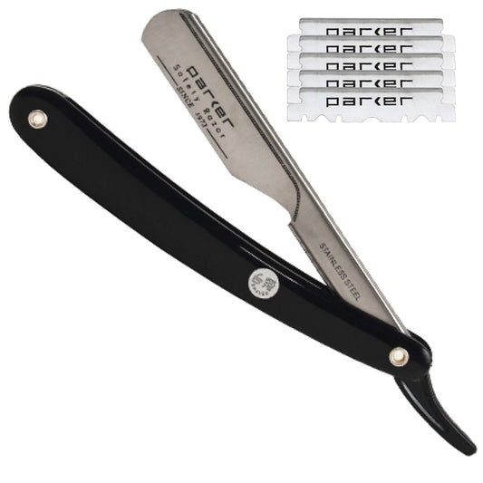 Parker PTB Professional Straight Razor with Replaceable Blades – All‑Stainless‑Steel Push‑Type Design + 5 Parker Platinum Half Blades – Barber‑Grade Razor for Precision Shaving & Detailing
