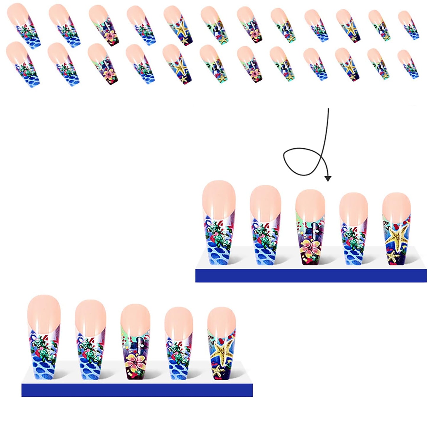 RIICFDD Nails Long Coffin Press on Nails French Tip White Underwater World Theme Fake Nails with Starfish and Sea Shell Pattern Designs Full Cover Acrylic Nails for Women and Girls Nail Decor 24 Pcs