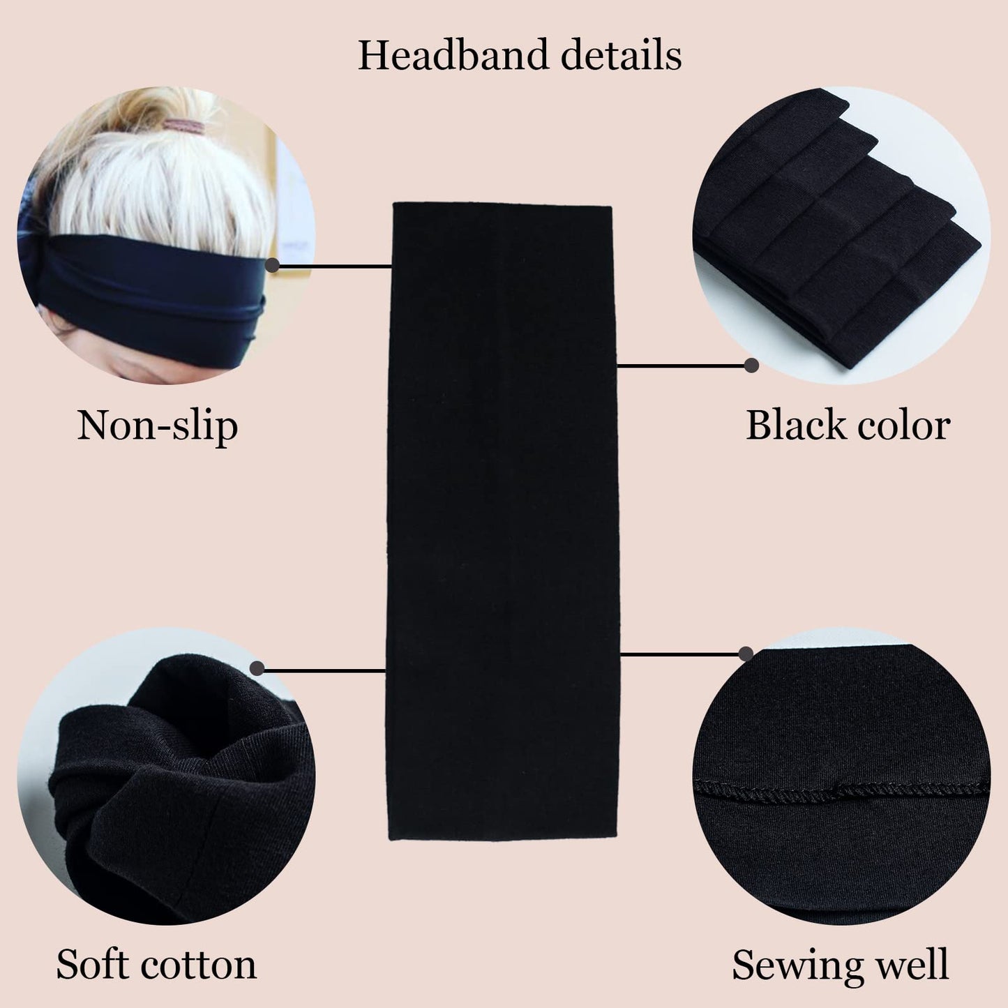 MLMOMVME 6 Pcs Black Headbands for Women Hair Cotton Headband Non-slip Stretchy Elastic Head Wrap Holder Hair Accessories