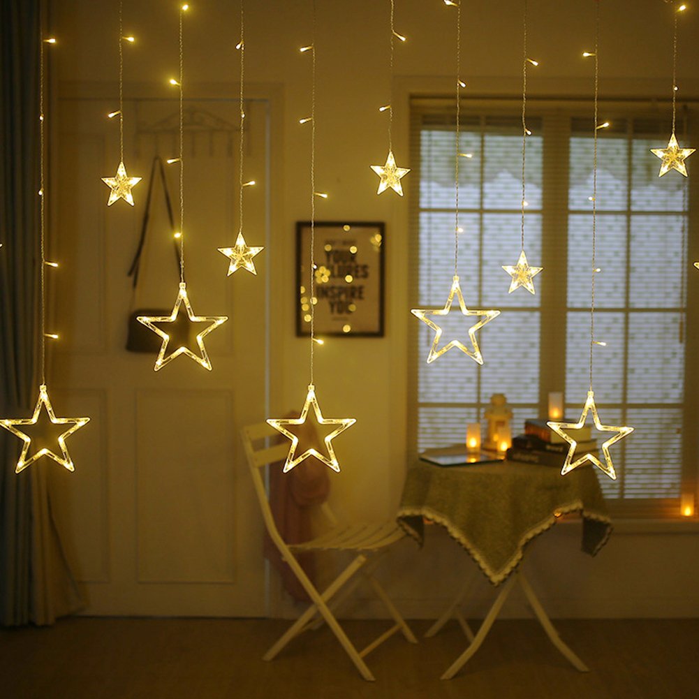 Twinkle Star 12 Stars 138 LED Curtain String Lights, Window Curtain Lights with 8 Flashing Modes Ramadan Decoration for Christmas, Wedding, Party, Home Decorations,Warm White