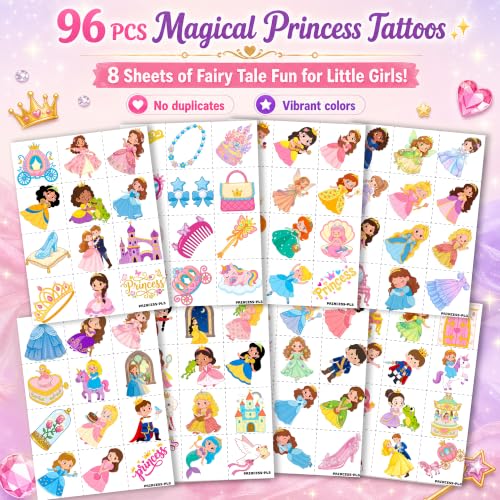 96 PCS Princess Temporary Tattoos for Kids