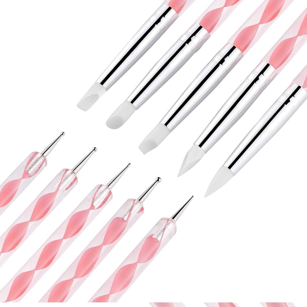 21 Pcs Nail Art Brushes Nail Art Tool Set Resin Palette Nail Art Painting Mixed Color 2 Way Acrylic Silicone Carving Pen Dotting Pen Tool Manicure Kit DIY Makeup Display Board for Home Salon, Pink