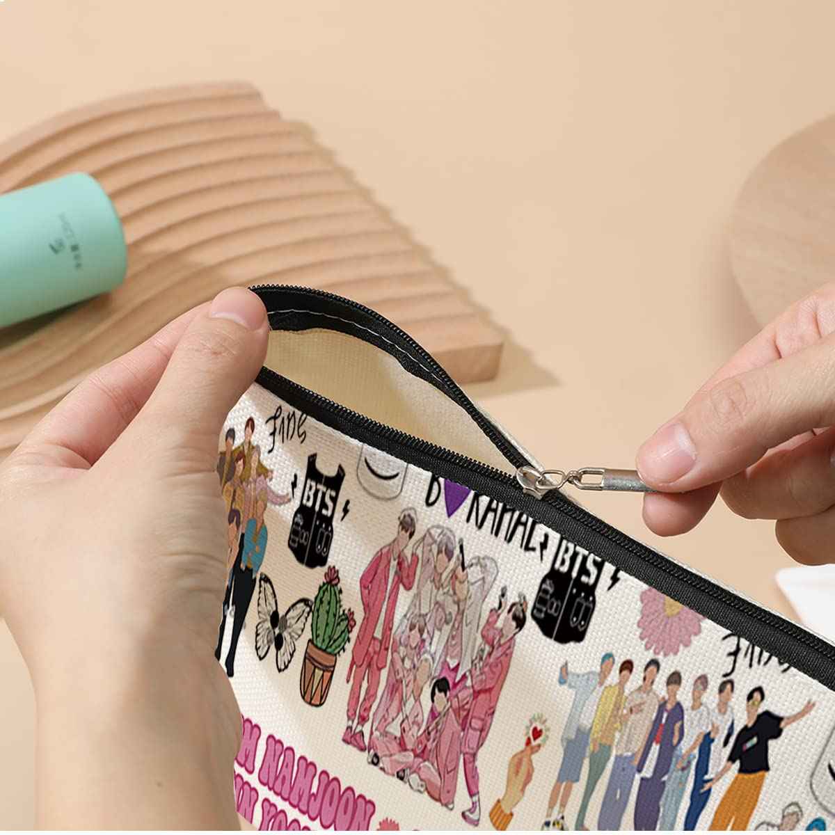 Funny K Pop Character Korean Group Army Cosmetic Bag Singer Inspired Song Idea Gift Army Members Fans Gift Music Lover Merch Makeup Bag Friendship Gifts for Women Friends Mom Aunt Birthday Christmas