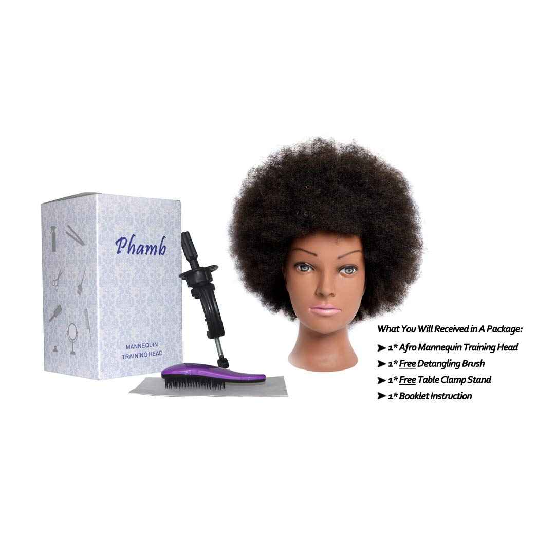 Phamb Afro Mannequin Head with 100% Human Hair for Practice Braiding African American Cosmetology Doll for Hairdresser with Table Clamp Stand (D8A-Black)