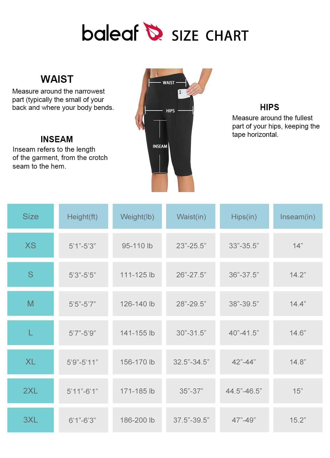 BALEAF Women's Capri Leggings Knee Length High Waisted Petite Yoga Casual Workout Exercise Capris with Pockets Black XS