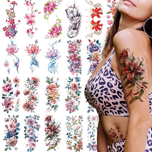 21 Large Floral Temporary Tattoos - Waterproof Flower Design Sheets