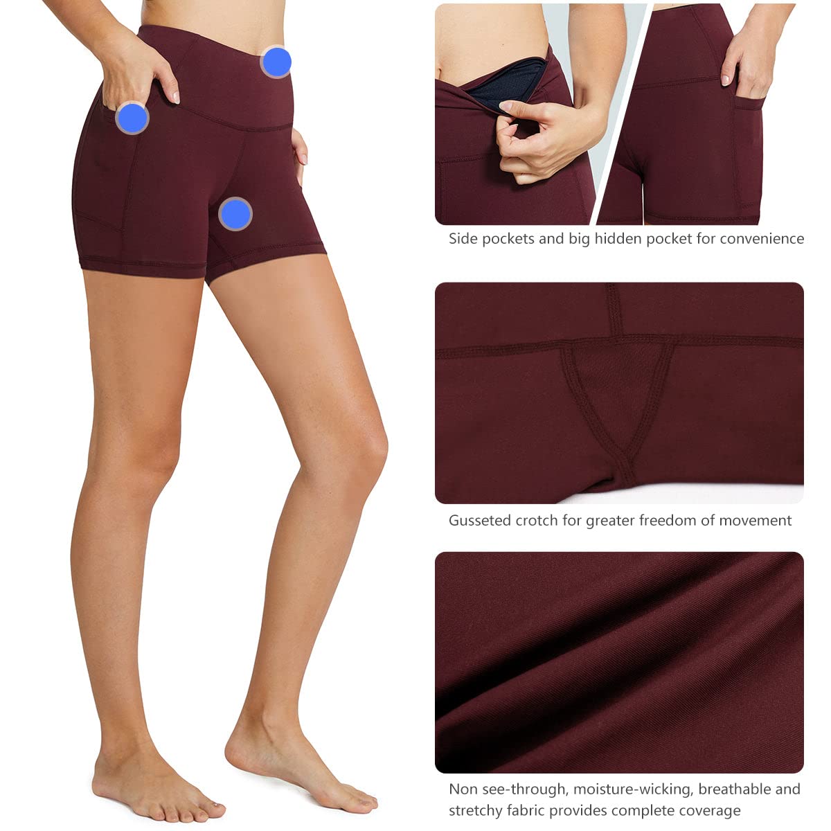 BALEAF Biker Shorts Women Yoga Gym Workout Spandex Running Volleyball Tummy Control Compression Shorts with Pockets 5" Wine Red L