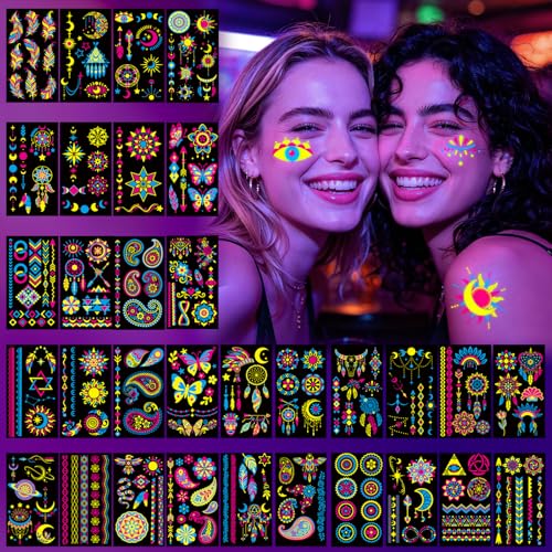 UV Glow in The Dark Temporary Tattoos, 190 PCS Neon Body Stickers