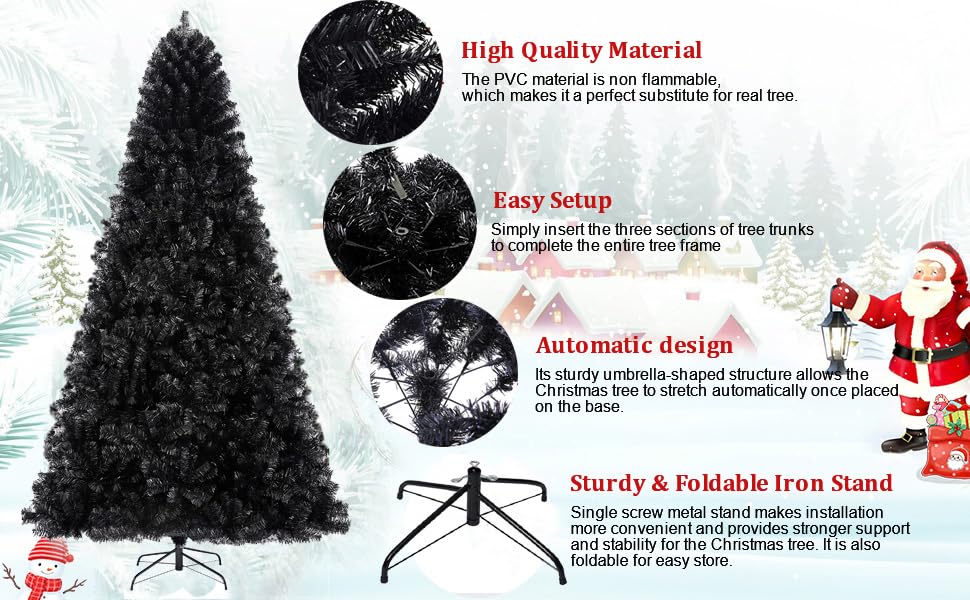 7.5ft Black Christmas Tree Artificial Christmas Tree Halloween Tree Decorations with 1,450 Tips-1pcs Treetop Star 3 Set 300 Led String Lights, Pencil Christmas Tree Indoor Holiday Party Decorations