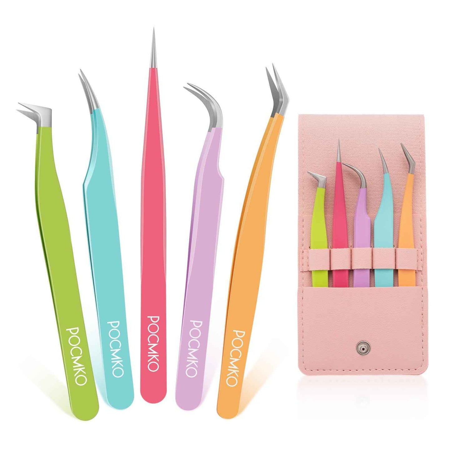 POCMKO Lash Tweezers for Eyelash Extensions, Lash Extension Tweezer Kit for Beginner, Colorful Eyelash Tweezers Set of 5 for Volume, Isolation and Classic Lashes