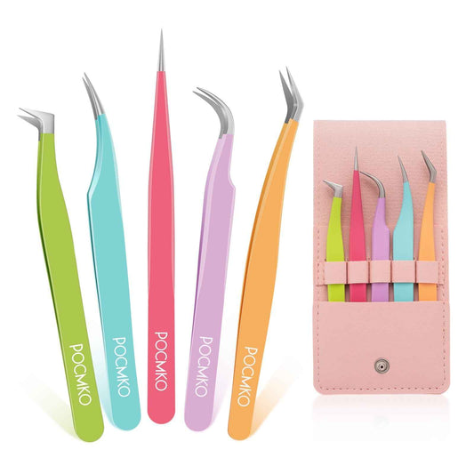 POCMKO Lash Tweezers for Eyelash Extensions, Lash Extension Tweezer Kit for Beginner, Colorful Eyelash Tweezers Set of 5 for Volume, Isolation and Classic Lashes