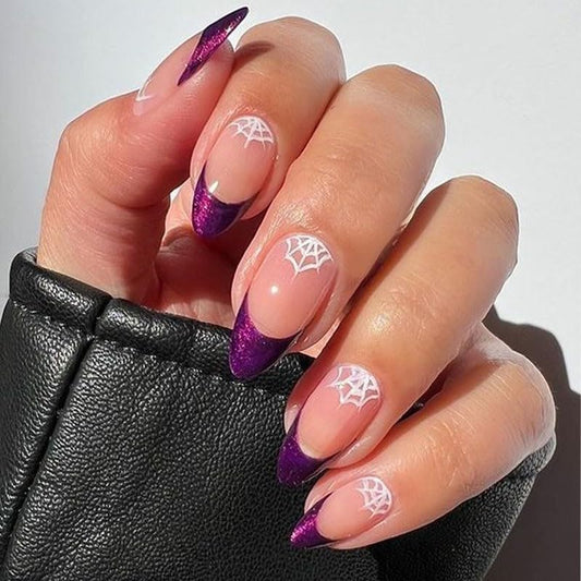 French Tip Press on Nails Medium Almond Halloween Fake Nails with Purple Glitter Design Glossy False Nails Spider Web Patterned Halloween Nails Acrylic Nails Full Cover Glue on Nails for Women 24Pcs