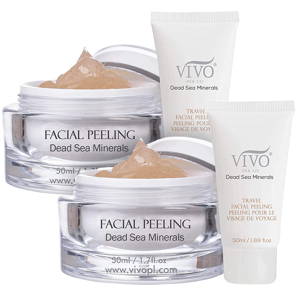 Vivo Per Lei Facial Peeling Gel - Face Peel Containing Dead Sea Minerals and Nut Shell Powder - Exfoliating Gel And Blackhead Remover (Pack of 2) Includes 2 Travel Facial Peel tubes