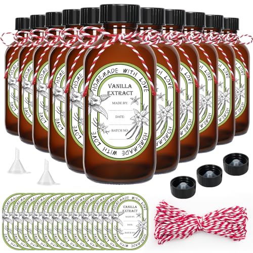 12 Pack 2 oz Vanilla Extract Bottles with Black Poly Cone Caps and 12 Pcs Vanilla Extract Stickers, 60ml Boston Round Sample Bottles for Homemade Vanilla Extract, Essential Oils, Herbal Medicine (2oz)