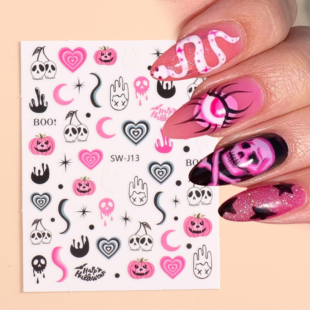 6 Sheets Ghost Halloween Nail Art Stickers Decals Skull Pumpkin Bat Nail Decals 3D Self-Adhesive Red Blood Drop Scar Design Nail Art Stickers Halloween Party Nail Supplies for Women Girls Manicure