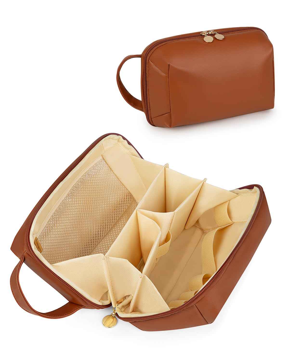 Soimeat Travel Makeup Bag Gift for Women, Soft PU Leather Cosmetic Bags, Waterproof Toiletry Bag, Portable Wide Open Pouch, Travel Cosmetic Bag with Divider and Handle, Medium, Brown