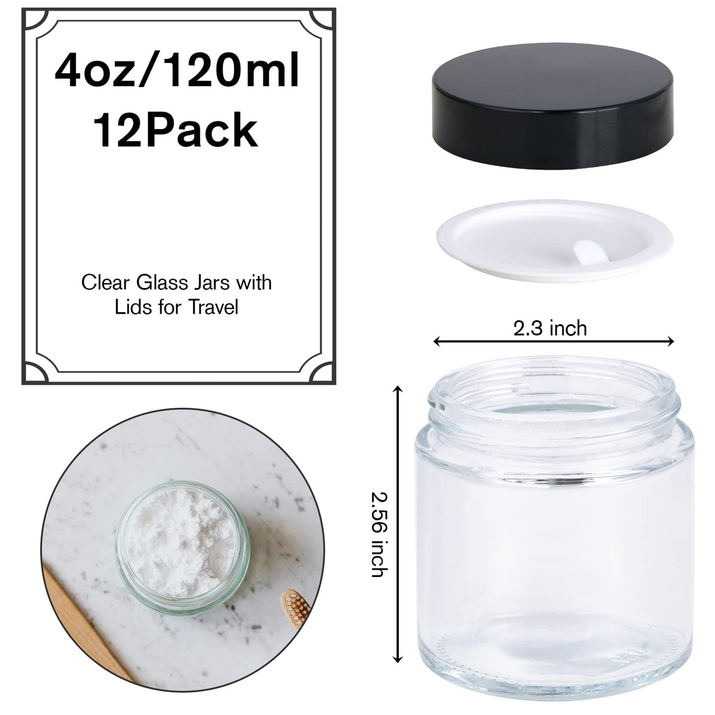 4oz Jars with Lids, Hoa Kinh 12 Pack Amber Glass Jars with Lids Empty Cosmetic Containers Round Airtight Glass Jar with Inner Liners and black Lids for Storing Lotions, Powders, and Ointments