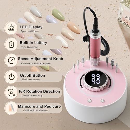 Electric Nail Drill with Brushless Motor, 40000RPM Professional Cordless Nail File for Acrylic & Gel Removal - Rechargeable Manicure & Pedicure Kit with 12 Bits for Home and Salon Use (Pink)