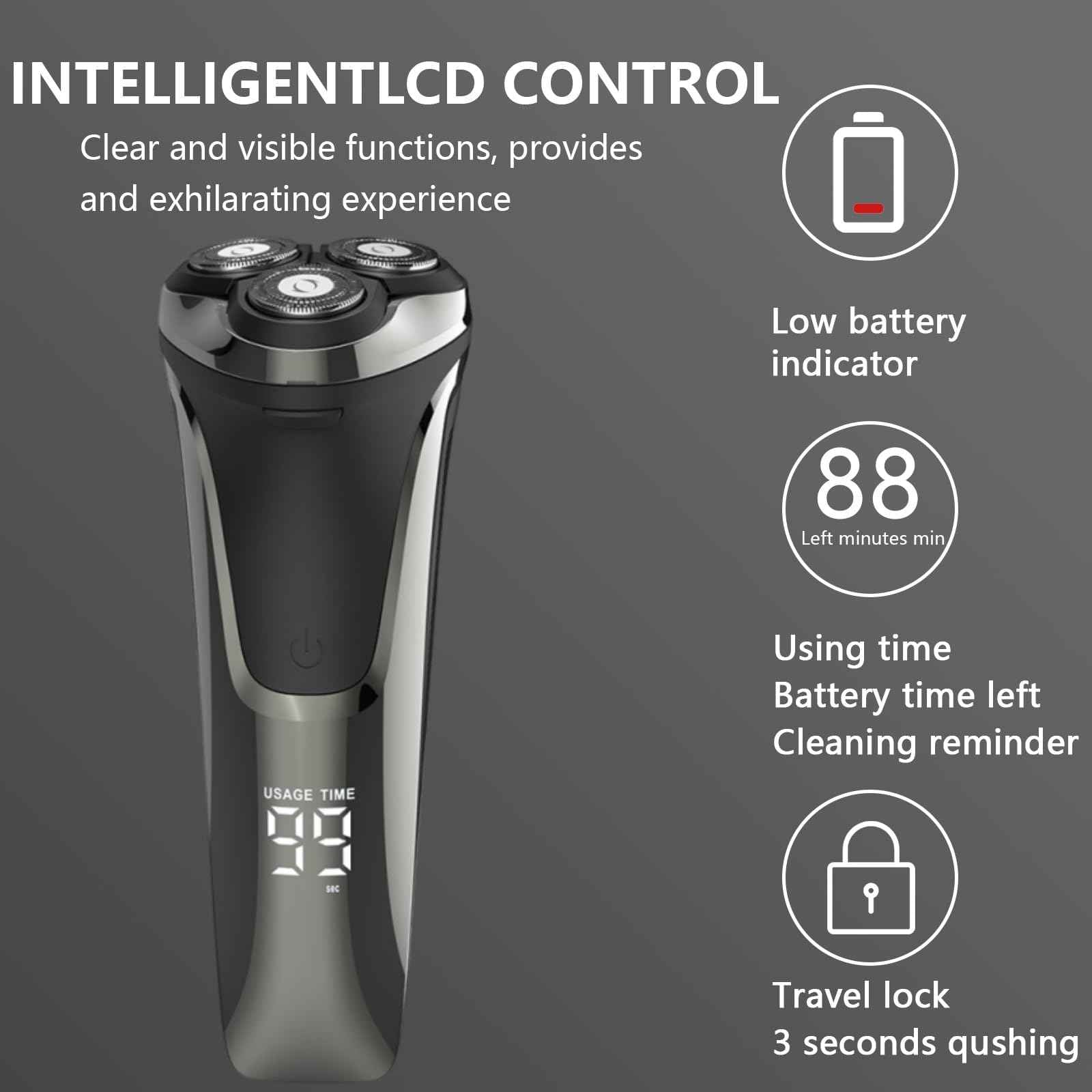 Electric Razor for Men,4D Floating Head Rotary Electric Razor,Ipx7 Waterproof Shavers for Men Wet & Dry Shaver with LCD Display& Quiet Motor (Black)