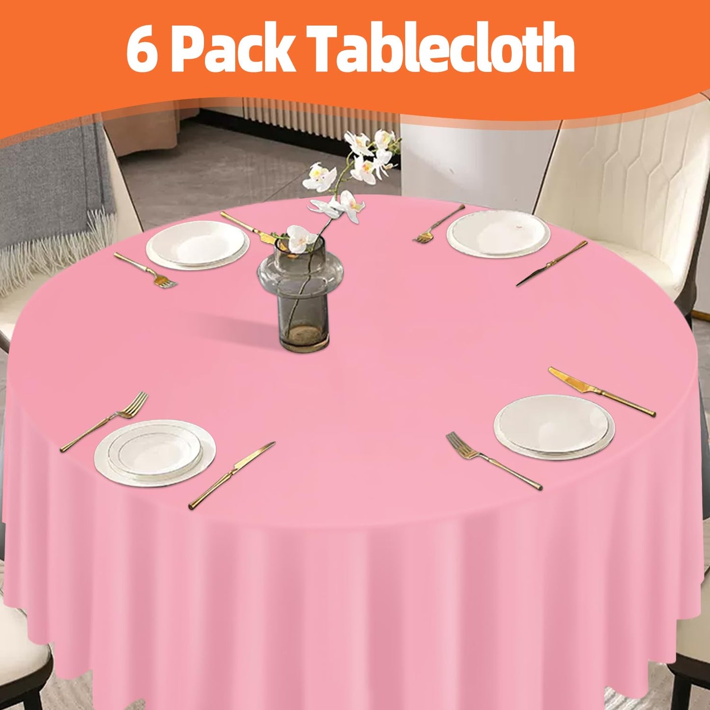 tujol Pink 6 Pack Plastic Table Cloth 84", Disposable Round Tablecloth Table Cover, Plastic Table Cloths for Parties