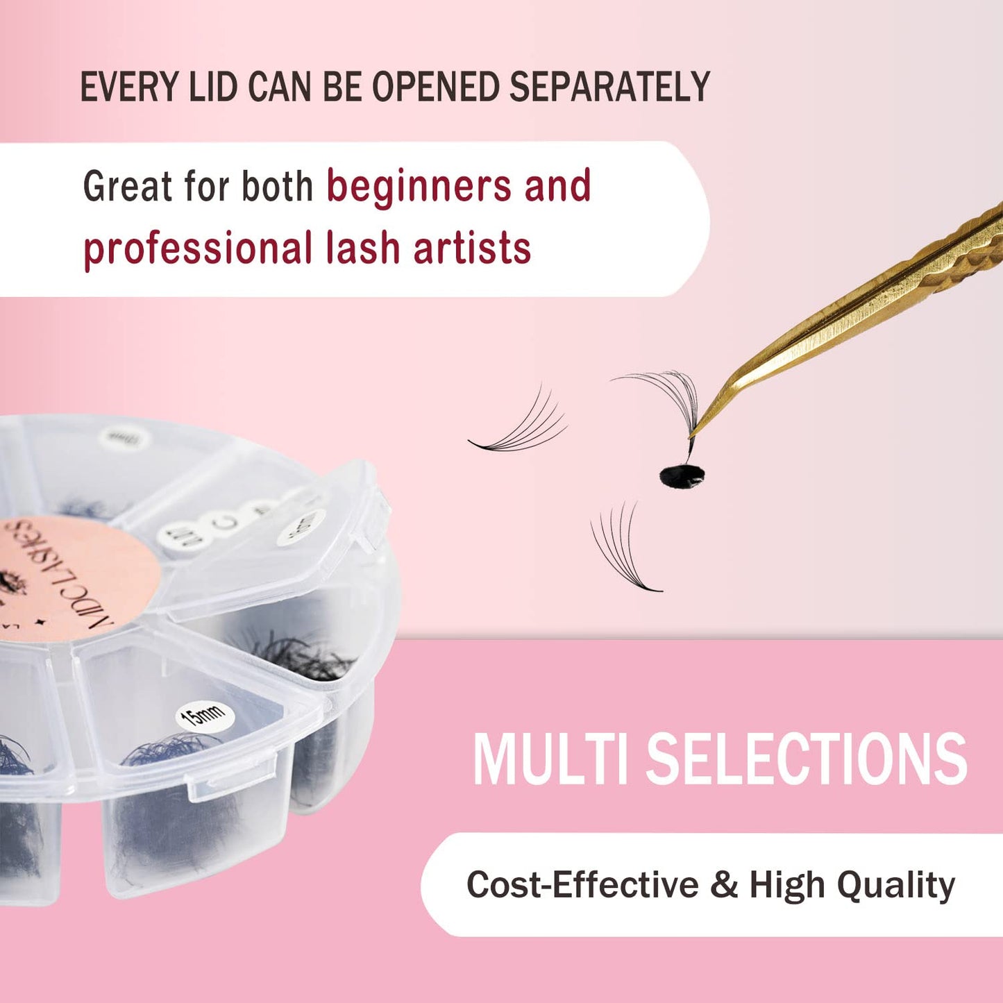 MDC LASHES Promade Eyelash Fans Mix Length 1000 Fans Volume Lash Extensions 8D-16D, C D Curl, 9-16mm Length, 0.05-0.07 Short Stem Promade Premade Pre Pro Loose Fans Eyelash Extension, Easy Application