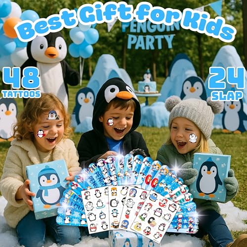 72PCS Penguin Party Favors | 48PCS Temporary Pre - cut Tattoos & 24PCS Slap Bracelets - Winter & Arctic-Themed Birthday Supplies, Baby Shower Gifts, Classroom Rewards & Party Decor for Kids
