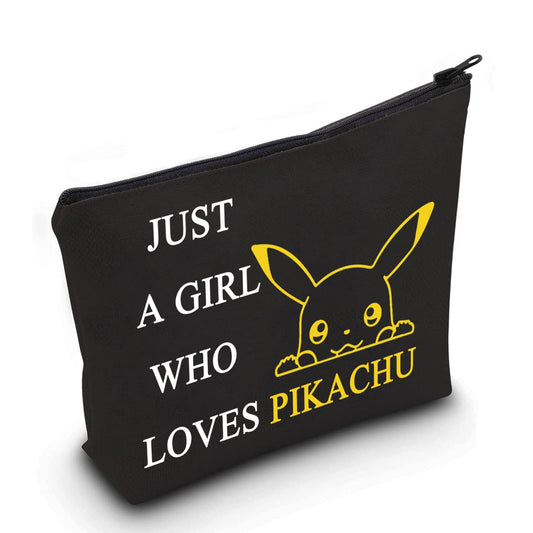 LEVLO Funny Cartoon Cosmetic Bag Anime Theme Fans Gift Just A Girl Who Loves Pika Makeup Zipper Pouch Bag(Loves Pika Black)