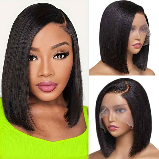 DYTJHMGL Short Bob Human Hair Wig - 250% Density Pre-Plucked Bone Straight HD Lace Front with Bleached Knots, 10 Inch