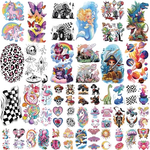 52 Pcs Temporary Tattoo for Kids Full Arm Mermaid Butterfly Cat Truck Dinosaur Rocket Planet Cute Animal Body Face Fake Arm Tattoos for Girls Boys Tiny Tattoo Stickers Birthday Gifts Party Supplies