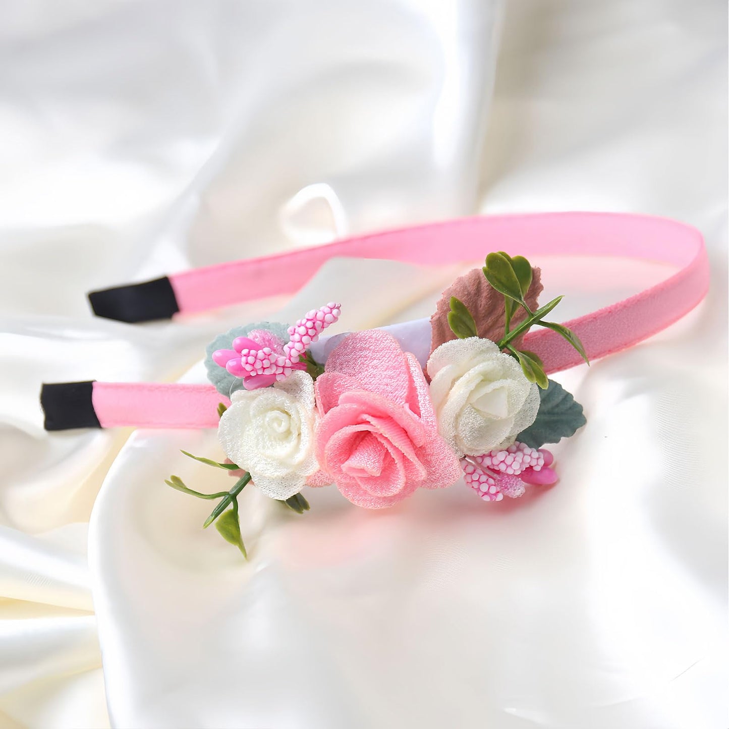 HIFANMM Flower Headband Spring Summer Hair Accessories for Women Girls, Pink White Rose Flowers Hair Bands Green Leaf Decoration Elegant Headdress Party Wedding Supplies Non Slip Head Band 1 Pcs